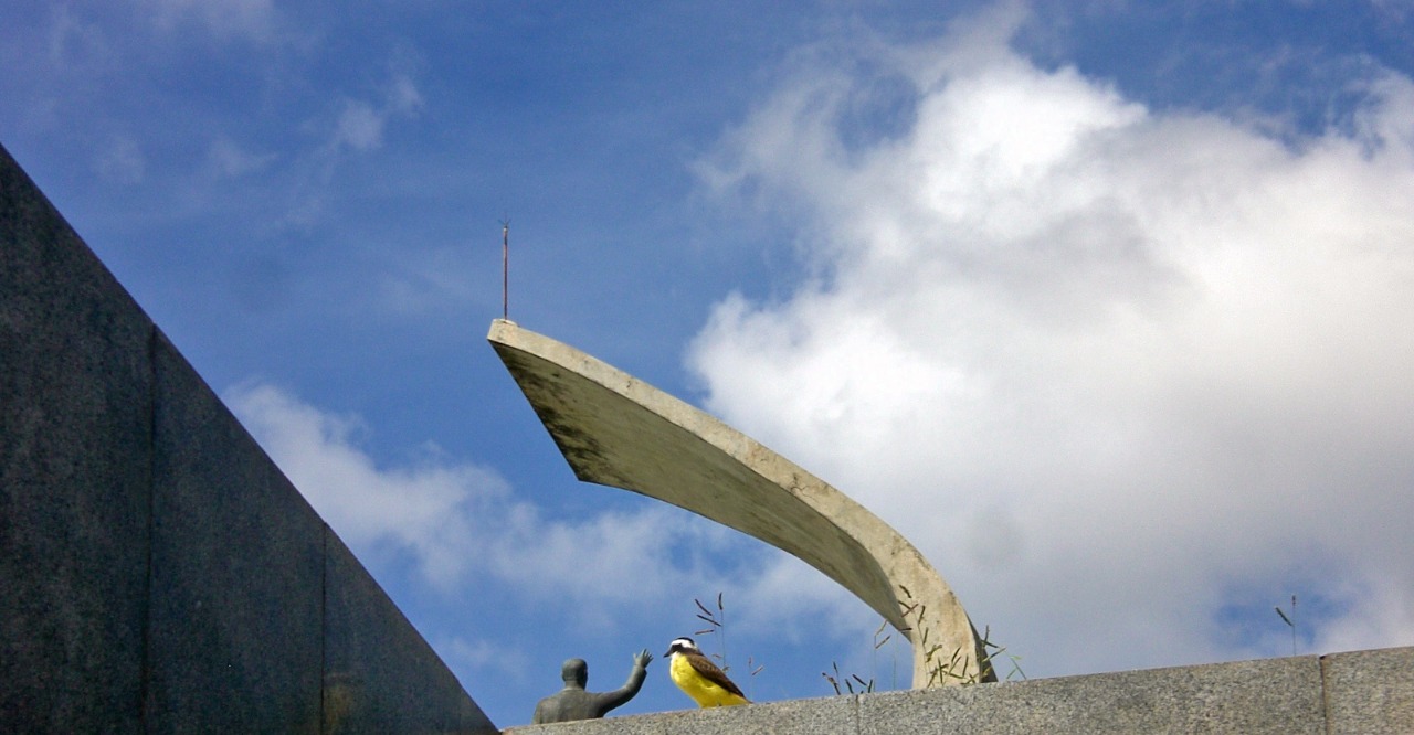 Foto do monumento a JK, com um bem-te-vi